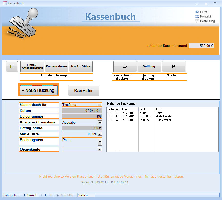 KASSENBUCH: Kassenbuch, Kassensoftware, Downlaod Programm Kasse, Kassenprogramm