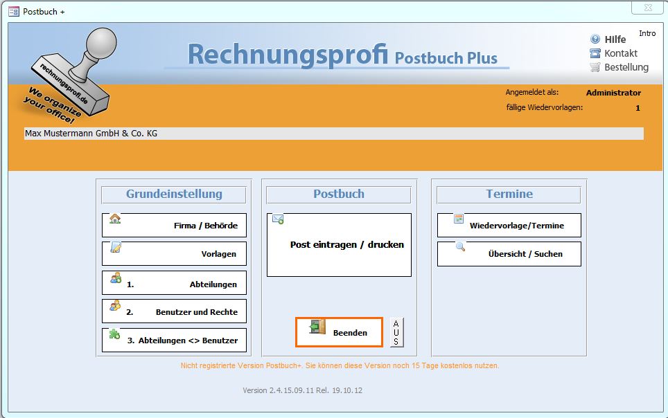 Programm Postbuch: Komfortables Eingabeformular zur Registrierung aller Dokumente des Postein- und 