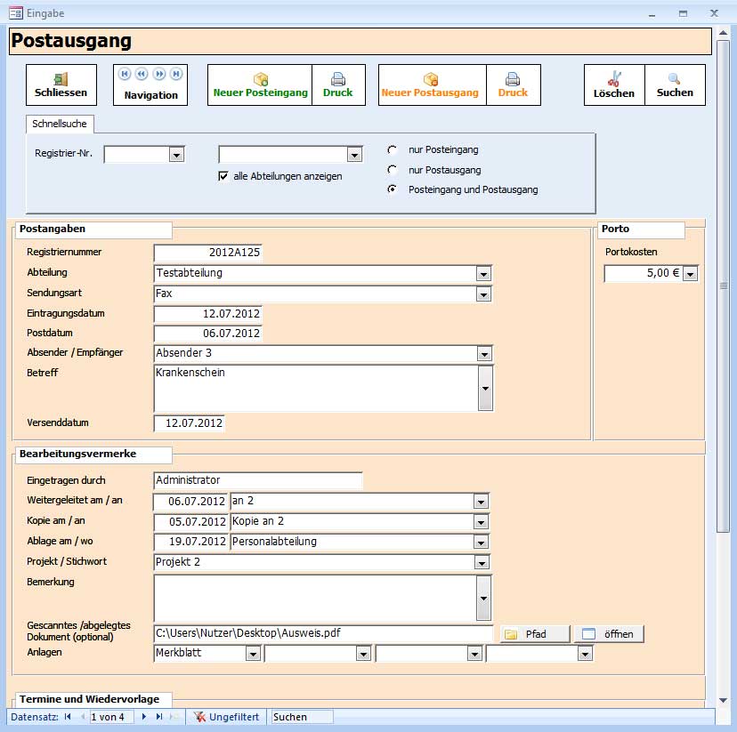POSTBUCH: Postausgang, Posteingang, Postbuch, Download Programm, Download Software, Post eintragen, Post austragen