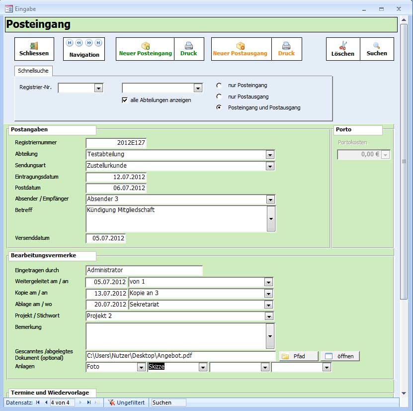 POSTBUCH: Postausgang, Posteingang, Postbuch, Download Programm, Download Software, Post eintragen, Post austragen