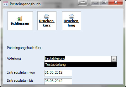 Postbuch / Poseingangsbuch per Software, drucken, Druck, Ausdruck
