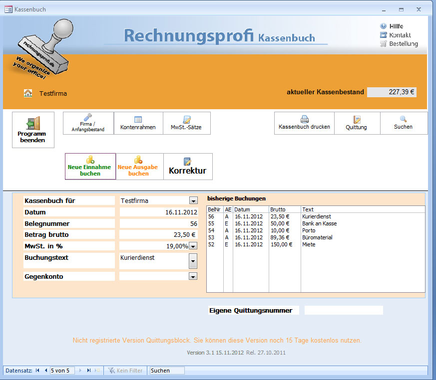 KASSENBUCH: Kassenbuch, Kassensoftware, Downlaod Programm Kasse, Kassenprogramm