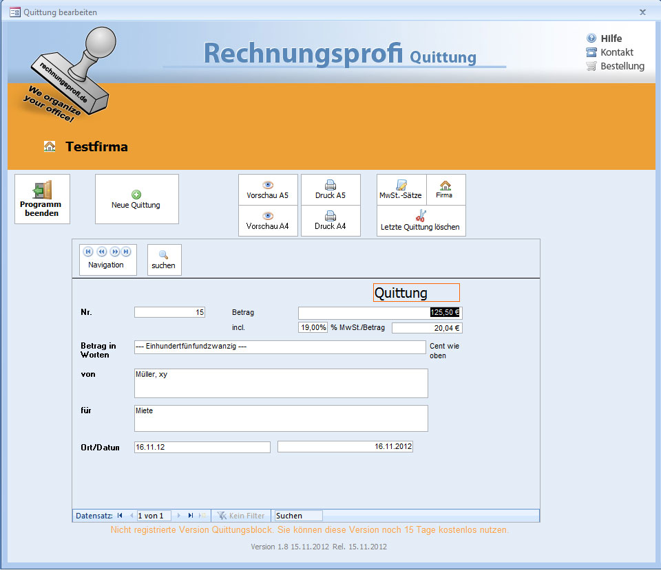 Quittung schreiben, erstellen, drucken, Quittungssoftware, Programm Quittungen